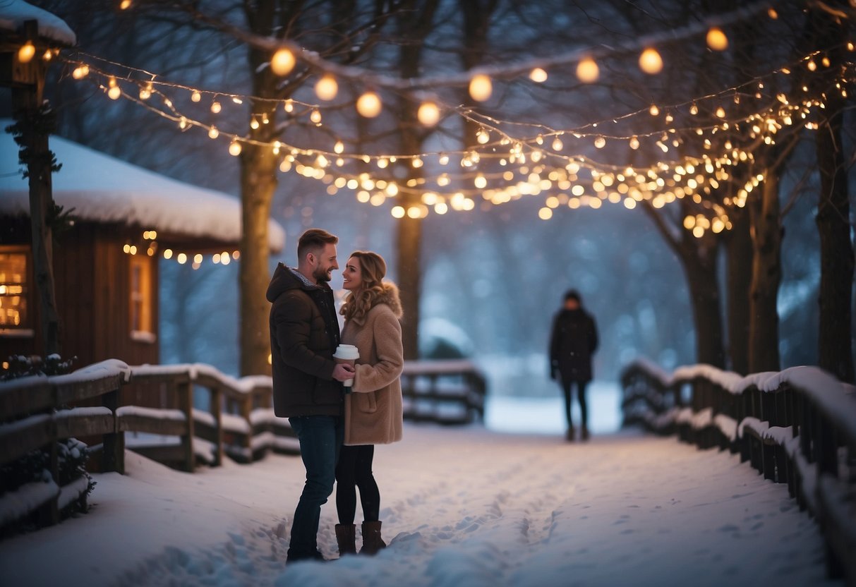 A cozy winter wedding scene with twinkling fairy lights illuminating a snowy landscape, creating a magical and romantic atmosphere