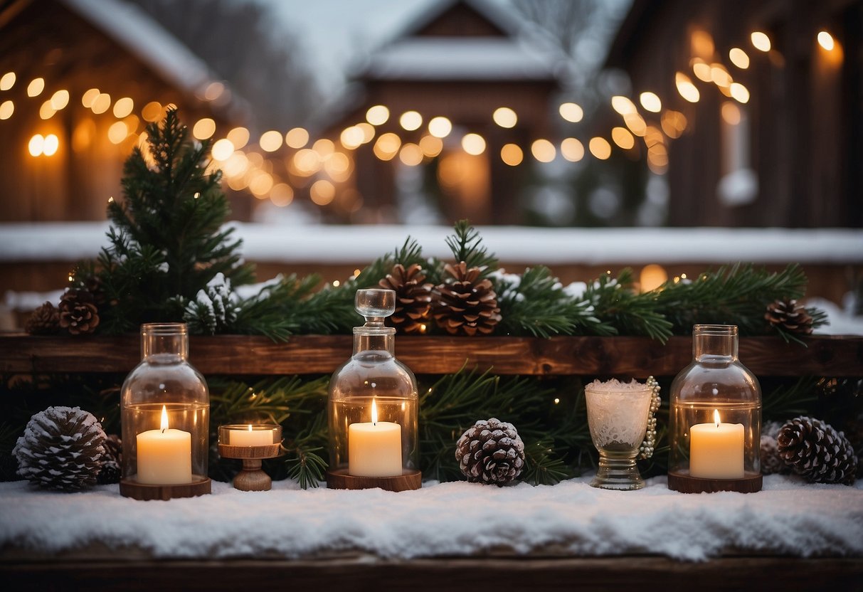 A cozy winter wedding scene with a rustic wooden bar, adorned with festive greenery and twinkling lights, featuring a display of signature winter cocktails in elegant glassware