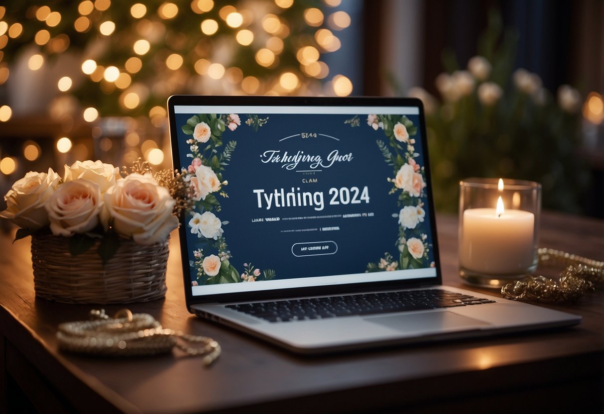 A computer screen with "TyingTheKnot2024@gmail.com" displayed, surrounded by wedding-related images and decorations