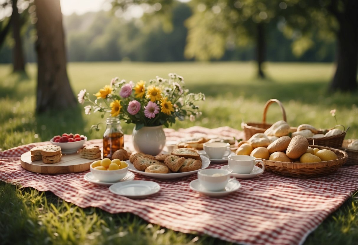 A sunny meadow with gingham picnic blankets spread out, surrounded by baskets of food and flowers, creating a cozy and romantic wedding picnic setting