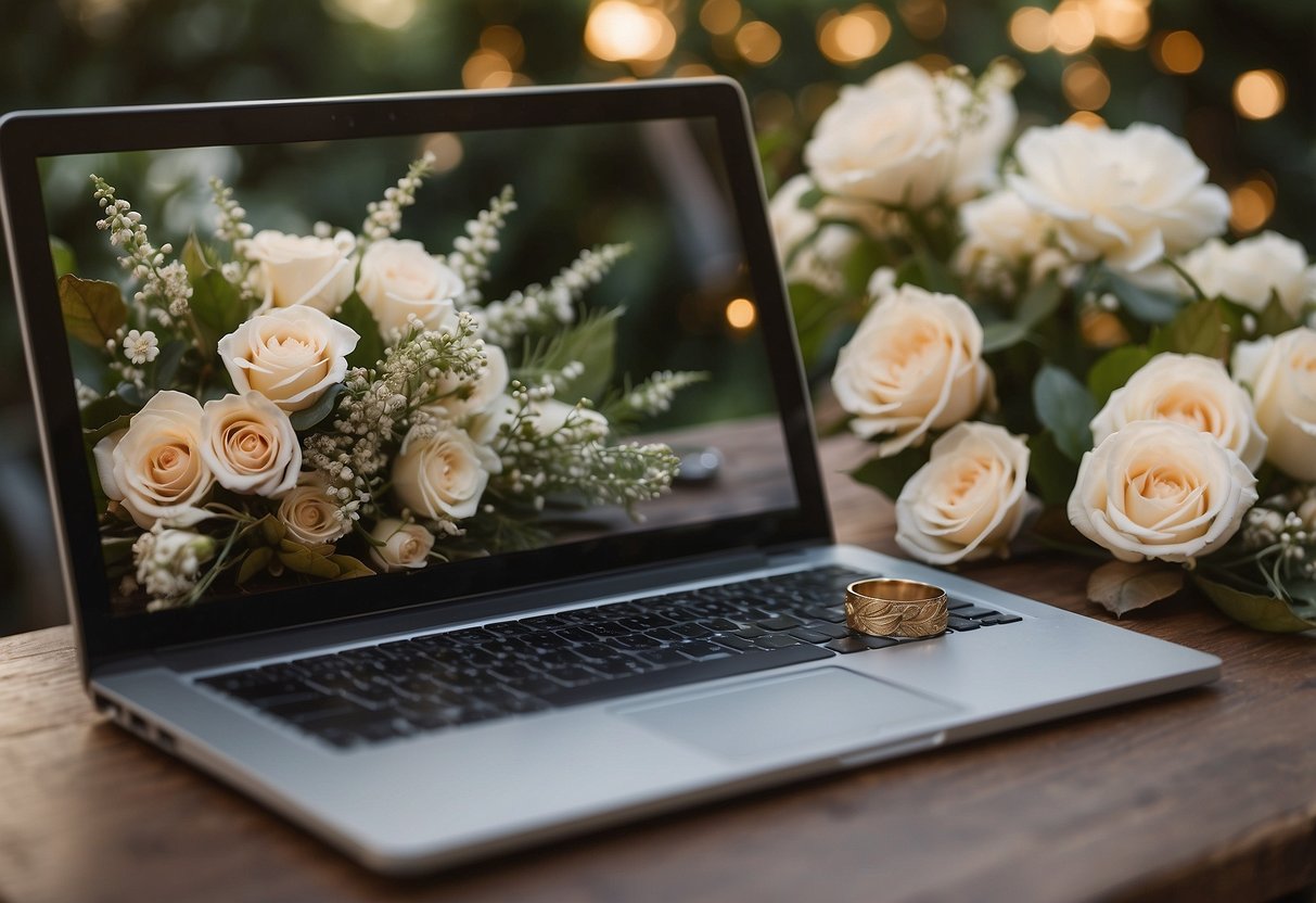 A laptop open to a blank email template with "WedInBliss2024@yahoo.com" typed in the address field. A wedding ring sits next to the laptop, surrounded by floral decorations