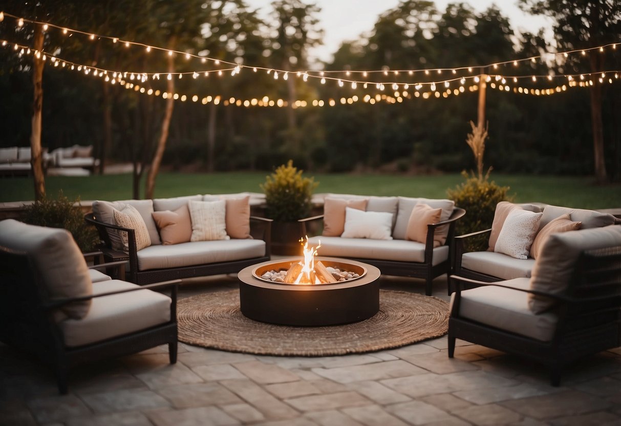 A cozy outdoor fire pit surrounded by lounge seating, adorned with warm blankets and twinkling lights, creating a romantic winter wedding setting