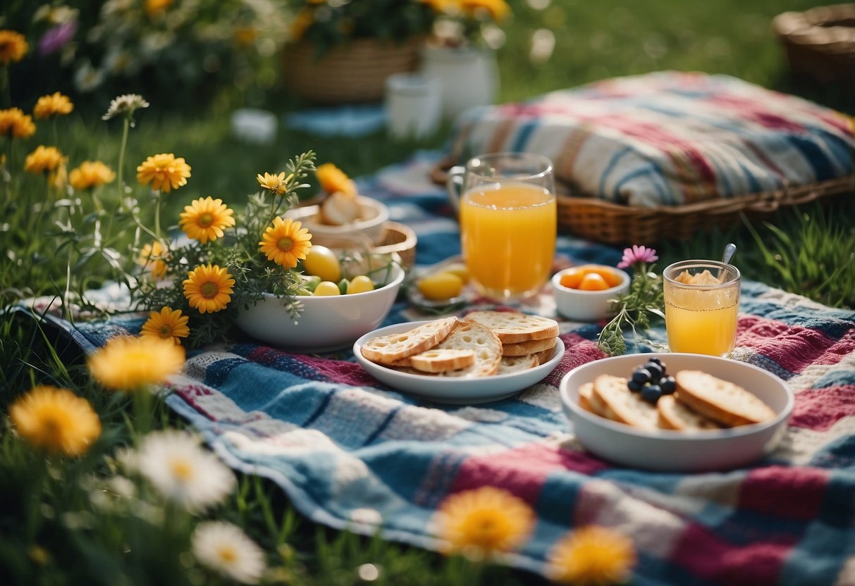 A picnic blanket laid out with floral crown kits, surrounded by lush greenery and colorful blooms