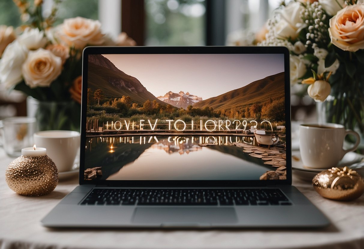 A laptop displaying "ToHaveAndToHold2024@gmail.com" surrounded by wedding decor and flowers