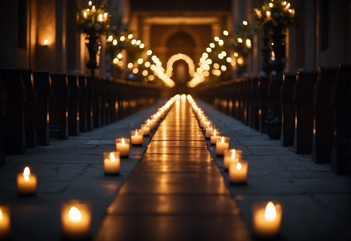 A dimly lit aisle with flickering candles lining the path, creating a warm and romantic ambiance for a winter wedding