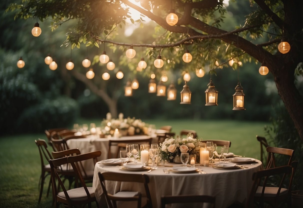 A picnic wedding set in a lush garden with vintage lanterns hanging from trees, creating a warm and romantic ambiance