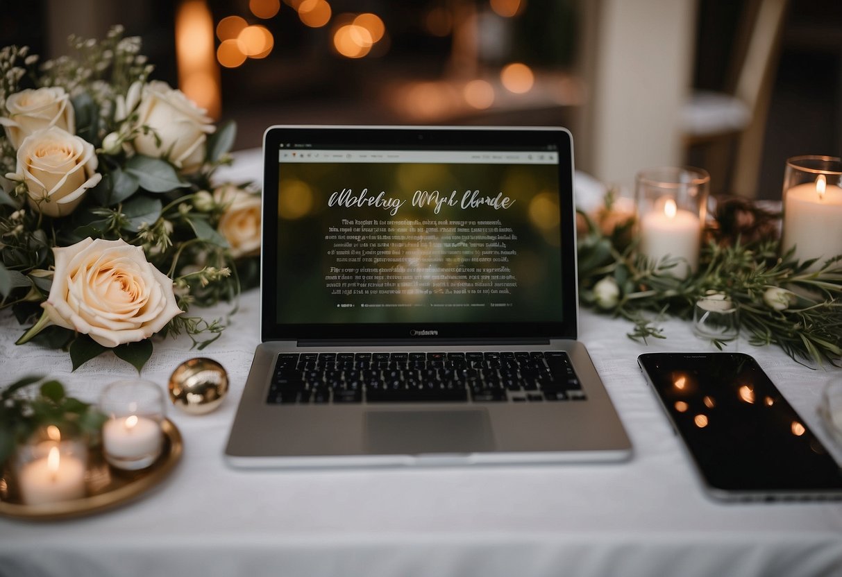 An open laptop with a wedding email address "OurBigDay2024@hotmail.com" displayed on the screen, surrounded by wedding planning materials and decorations