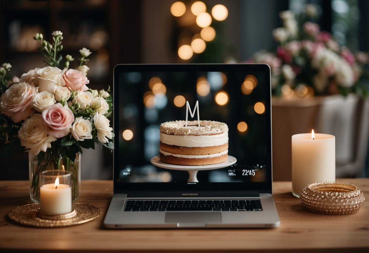 A computer screen with "MrAndMrs2024@gmail.com" displayed, surrounded by wedding-related items like rings, flowers, and a cake