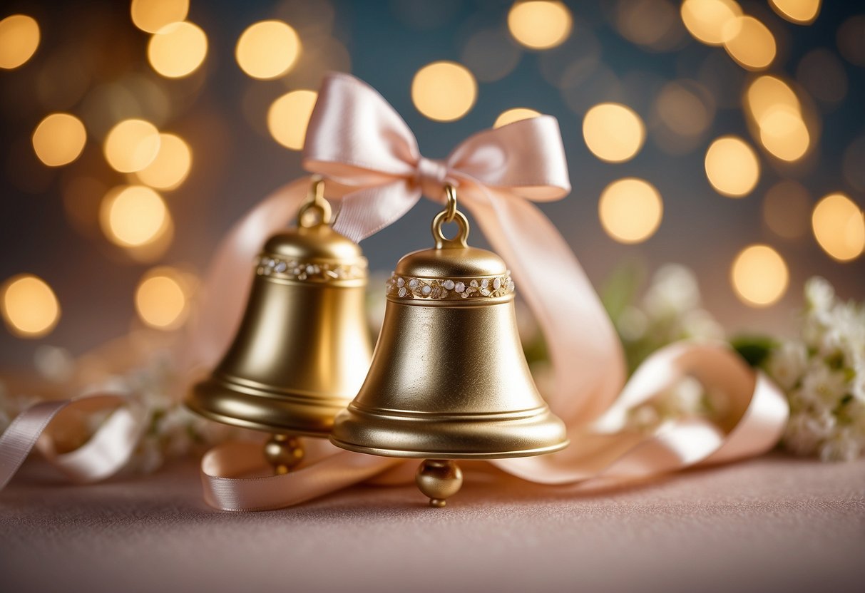 A pair of golden wedding bells adorned with delicate white flowers and ribbons, set against a backdrop of soft pastel colors and twinkling lights