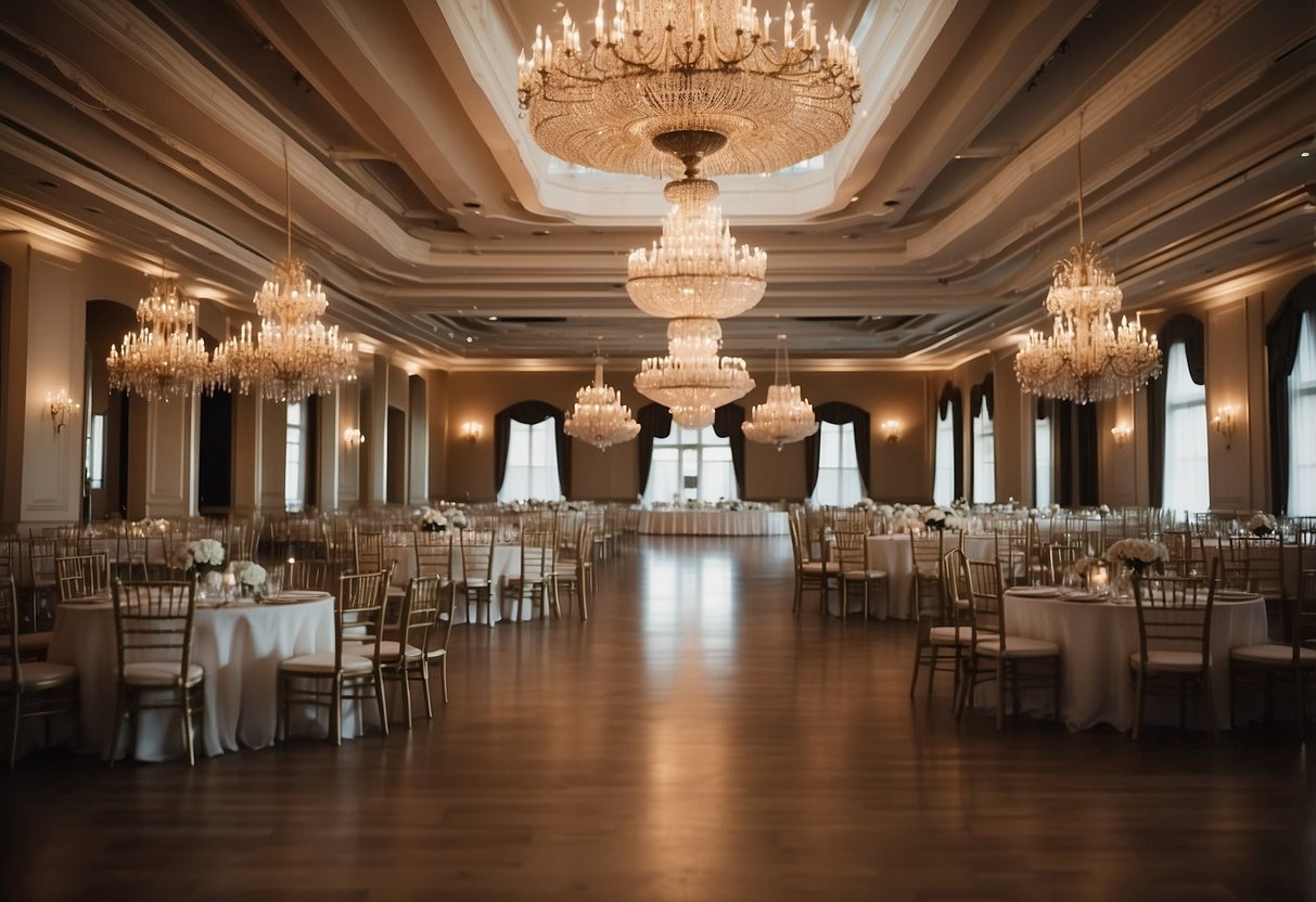 A grand ballroom with elegant decor and chandeliers, set up for a wedding ceremony and reception