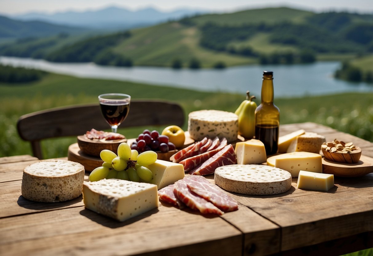 A rustic wooden picnic table adorned with a variety of artisanal cheeses, cured meats, fresh fruits, and nuts, set against a backdrop of rolling green hills and a clear blue sky