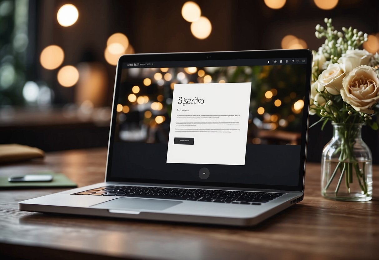 A laptop open on a desk, with a blank email template on the screen. A wedding invitation and engagement ring sit nearby