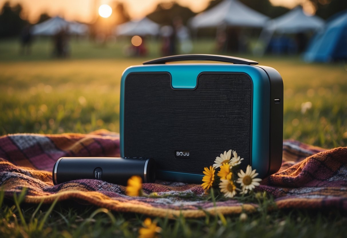 A picnic wedding scene with portable Bluetooth speakers, set on a grassy field with a colorful blanket, surrounded by flowers and a beautiful sunset