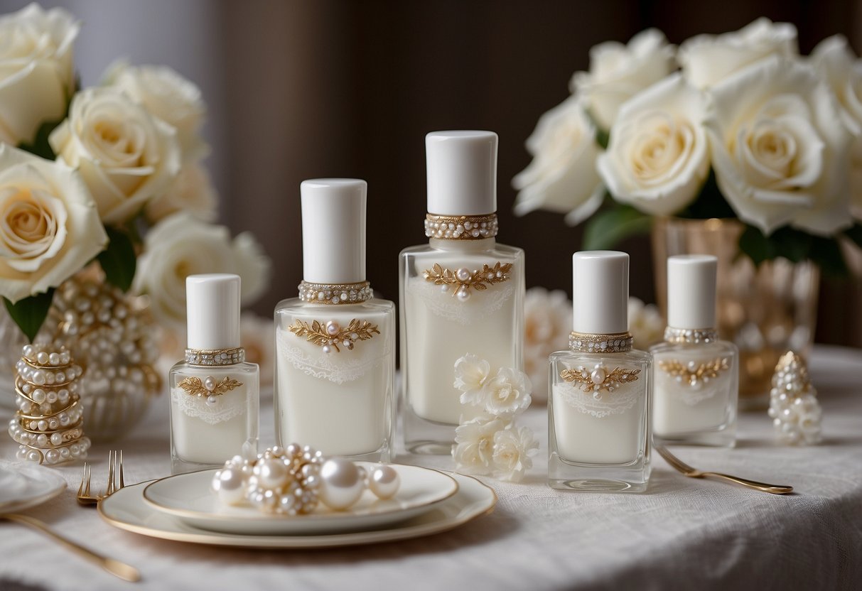 A table set with various white nail polish bottles, lace, pearls, and floral accents for wedding nail inspiration