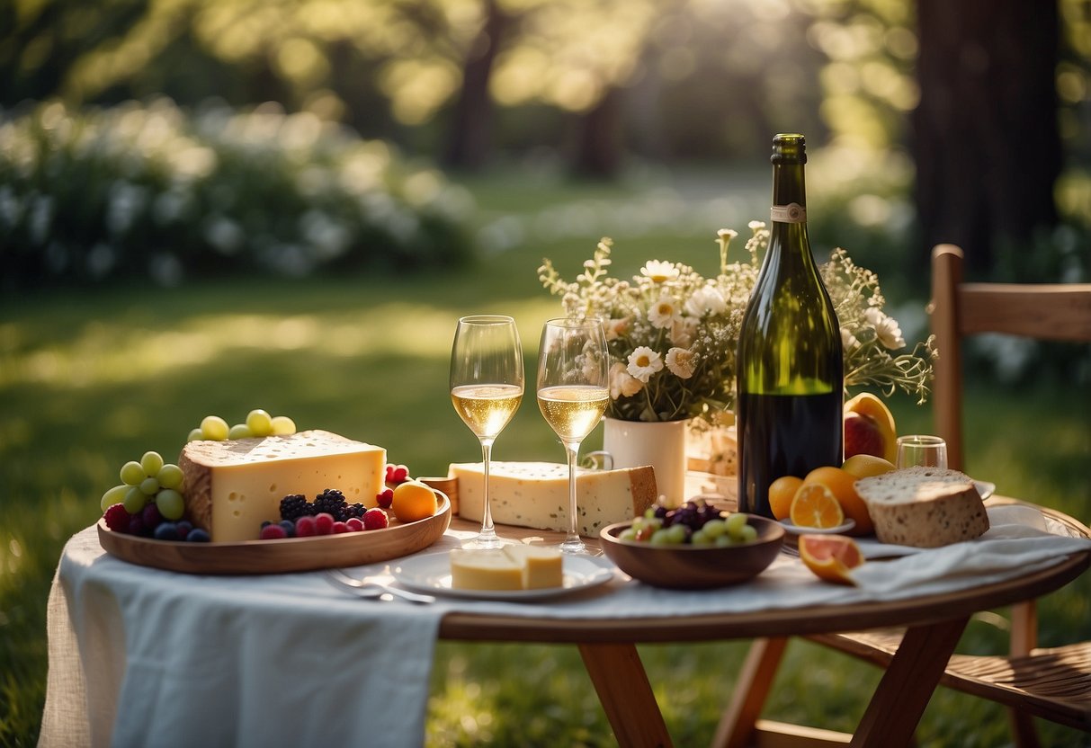 A cozy picnic in a sun-dappled garden, with a table set for two and a bouquet of wildflowers as the centerpiece. A bottle of champagne on ice, surrounded by candles and a selection of gourmet cheeses and fruits