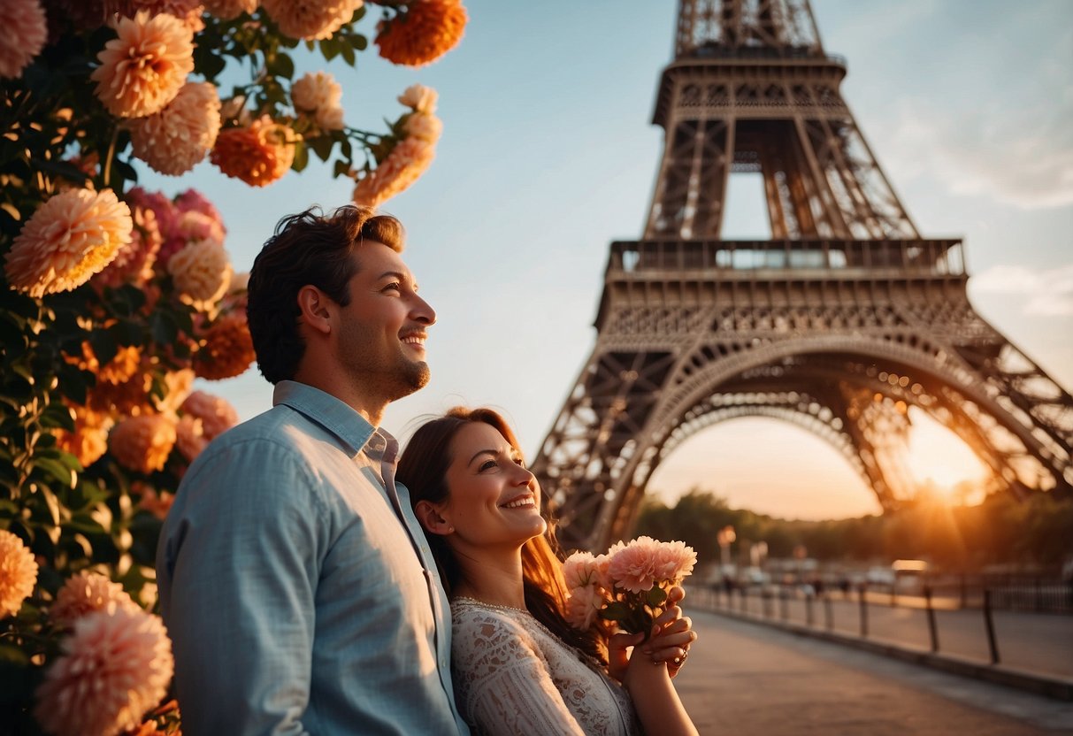 A couple stands in front of the Eiffel Tower, surrounded by colorful flowers and a clear blue sky. The sun is setting, casting a warm glow over the iconic landmark