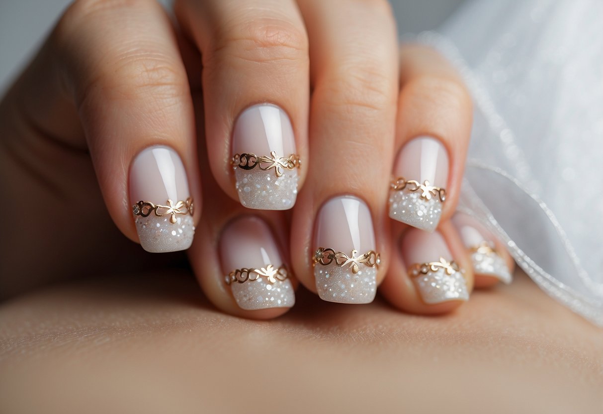 A close-up of elegant white French tip wedding nails on a clean, minimalist background