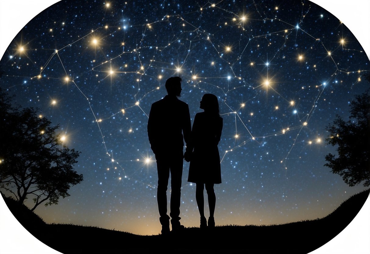 A couple stands under a starry night sky, gazing up at a personalized star map, commemorating their 8th wedding anniversary