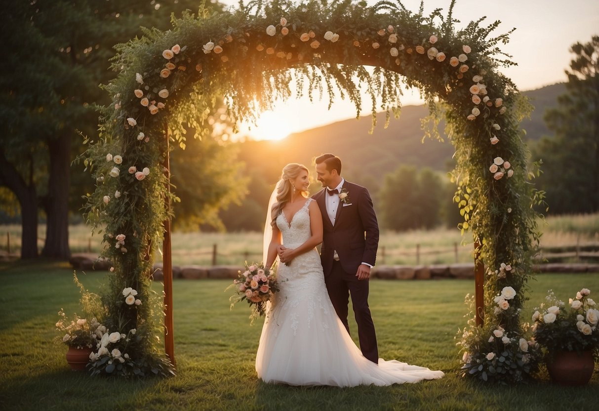 A backyard wedding with a rustic arch, string lights, and floral decorations, set against a sunset sky