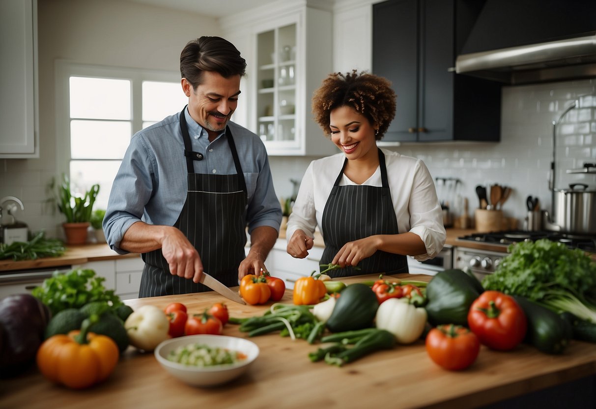 A couple stands side by side at a kitchen counter, chopping vegetables and stirring pots. A chef instructor guides them through the steps of a cooking class for their 8th wedding anniversary