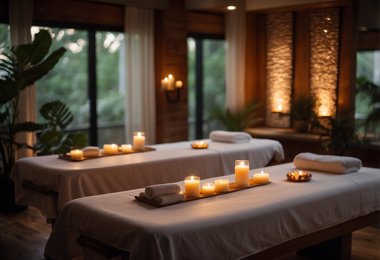 A serene spa room with two massage tables, soft candlelight, and soothing music. Aromatherapy scents fill the air as the couple relaxes side by side