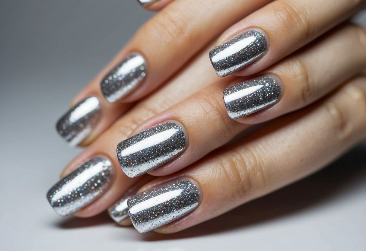 Shimmering silver ombre nails on a clean white background