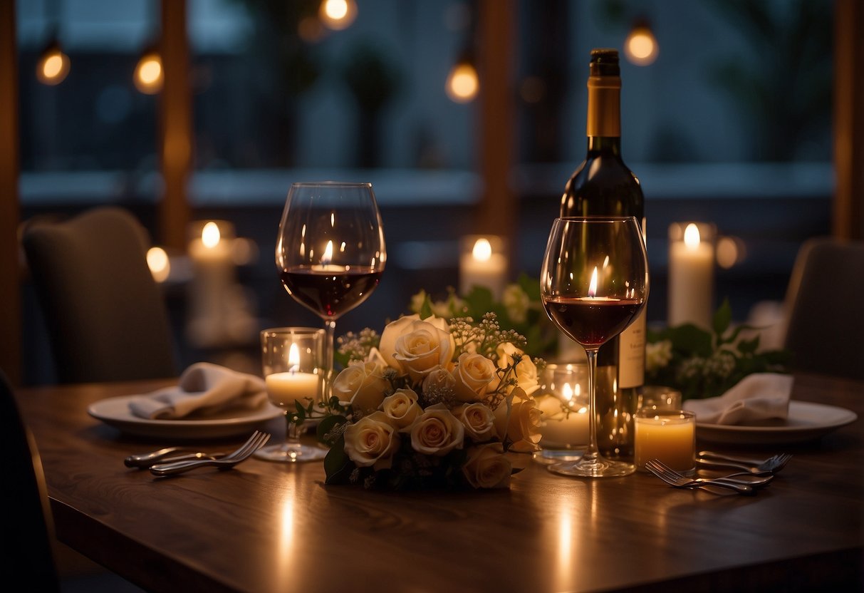 A couple sitting at a candlelit table in a cozy restaurant, surrounded by soft lighting and romantic ambiance. A bottle of wine and two glasses on the table, with a bouquet of flowers as a centerpiece