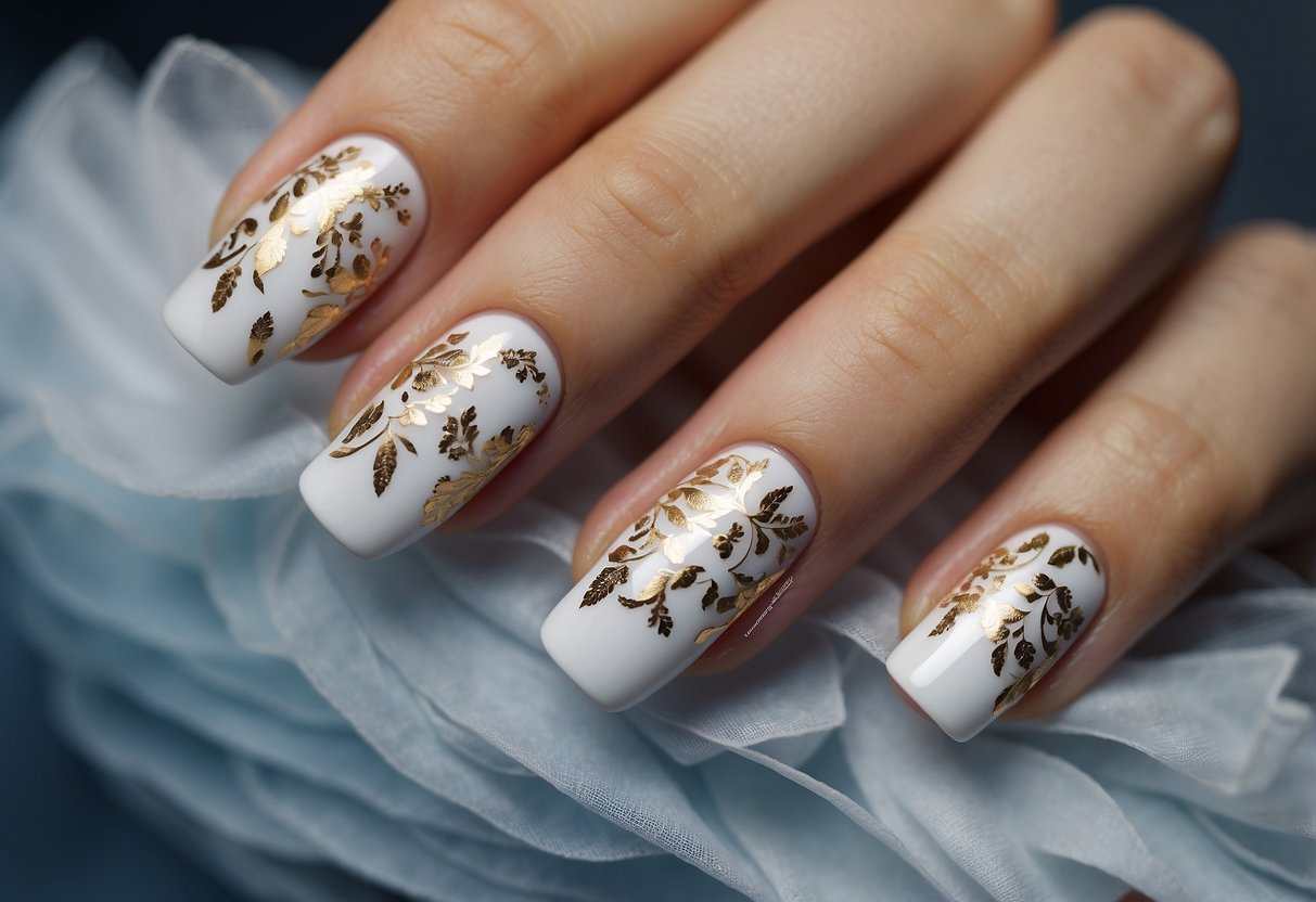 A white wedding nails design with delicate floral patterns on each nail