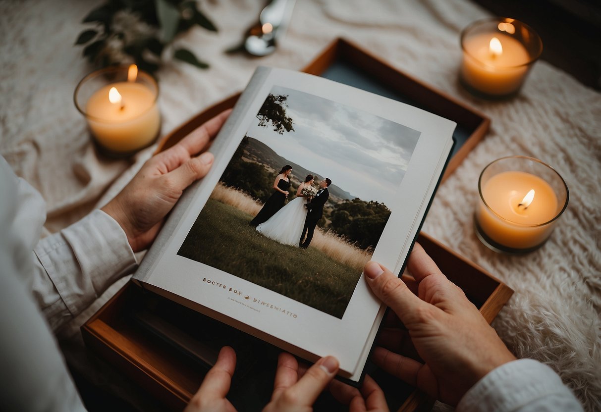 A couple's hands holding a custom photo book open to a page showcasing their wedding day, surrounded by romantic anniversary decorations