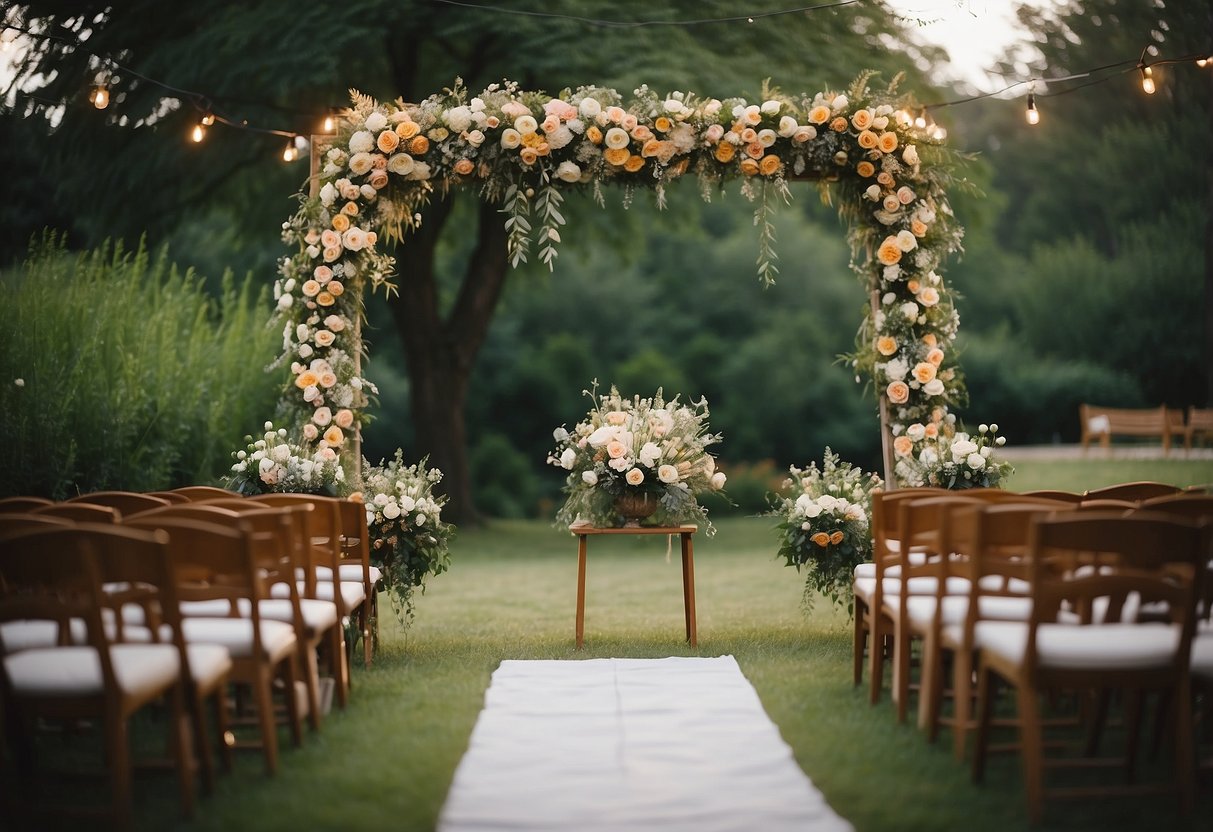 A backyard ceremony setup with floral arch, rustic seating, and string lights for an intimate wedding at home