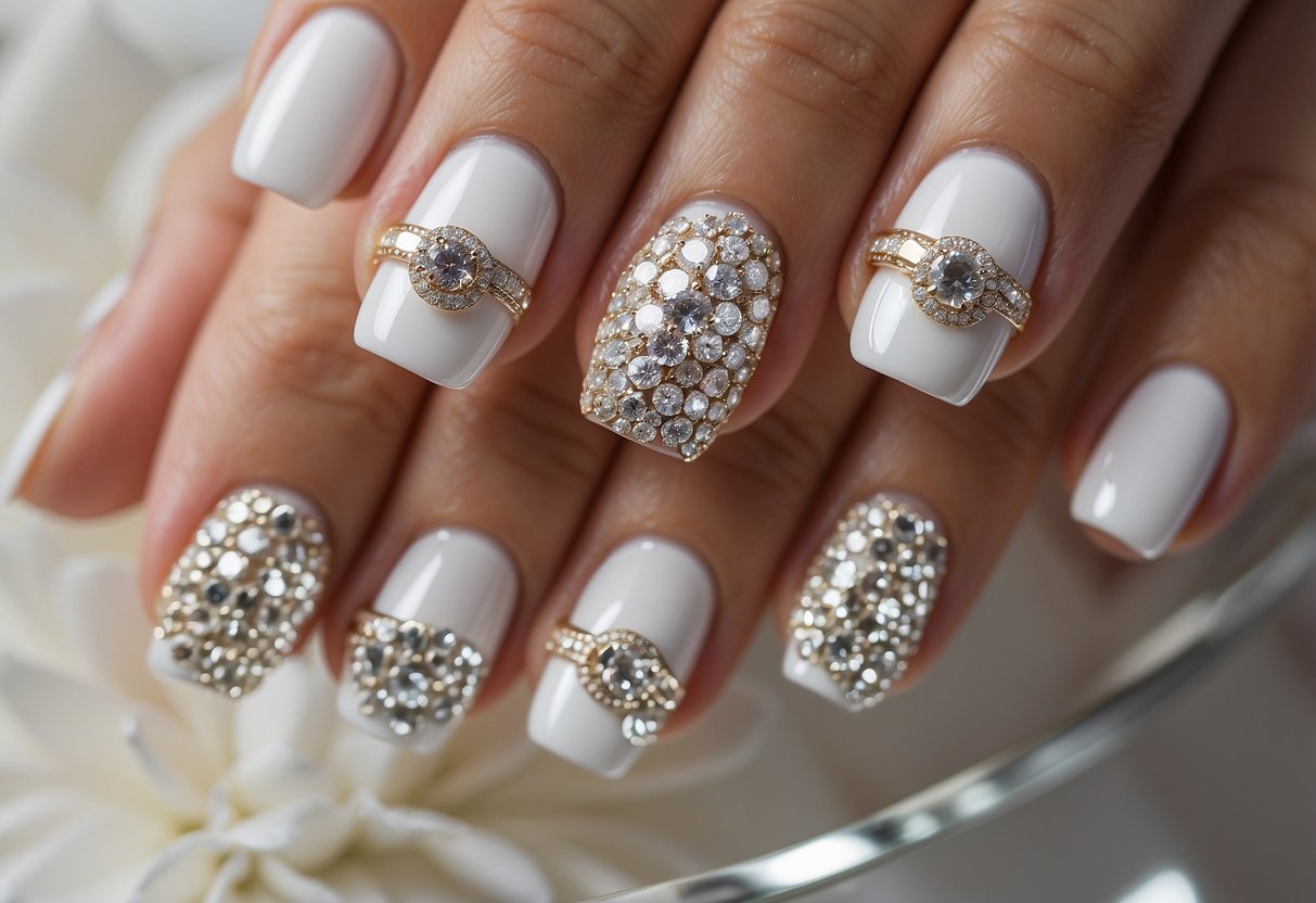 Glittering diamonds and sparkling gems adorn white wedding nails