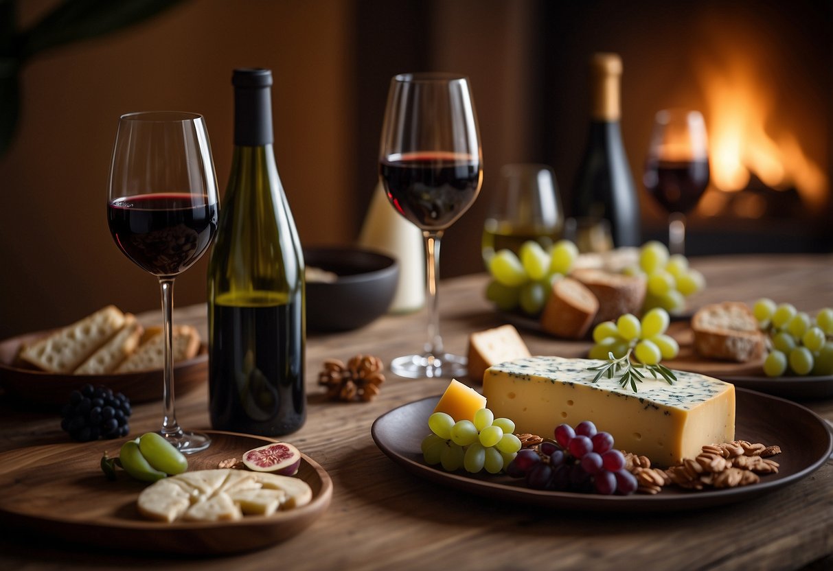 A cozy table set with wine glasses, bottles, and cheese platters. Soft lighting and elegant decor create a romantic ambiance for a private wine tasting