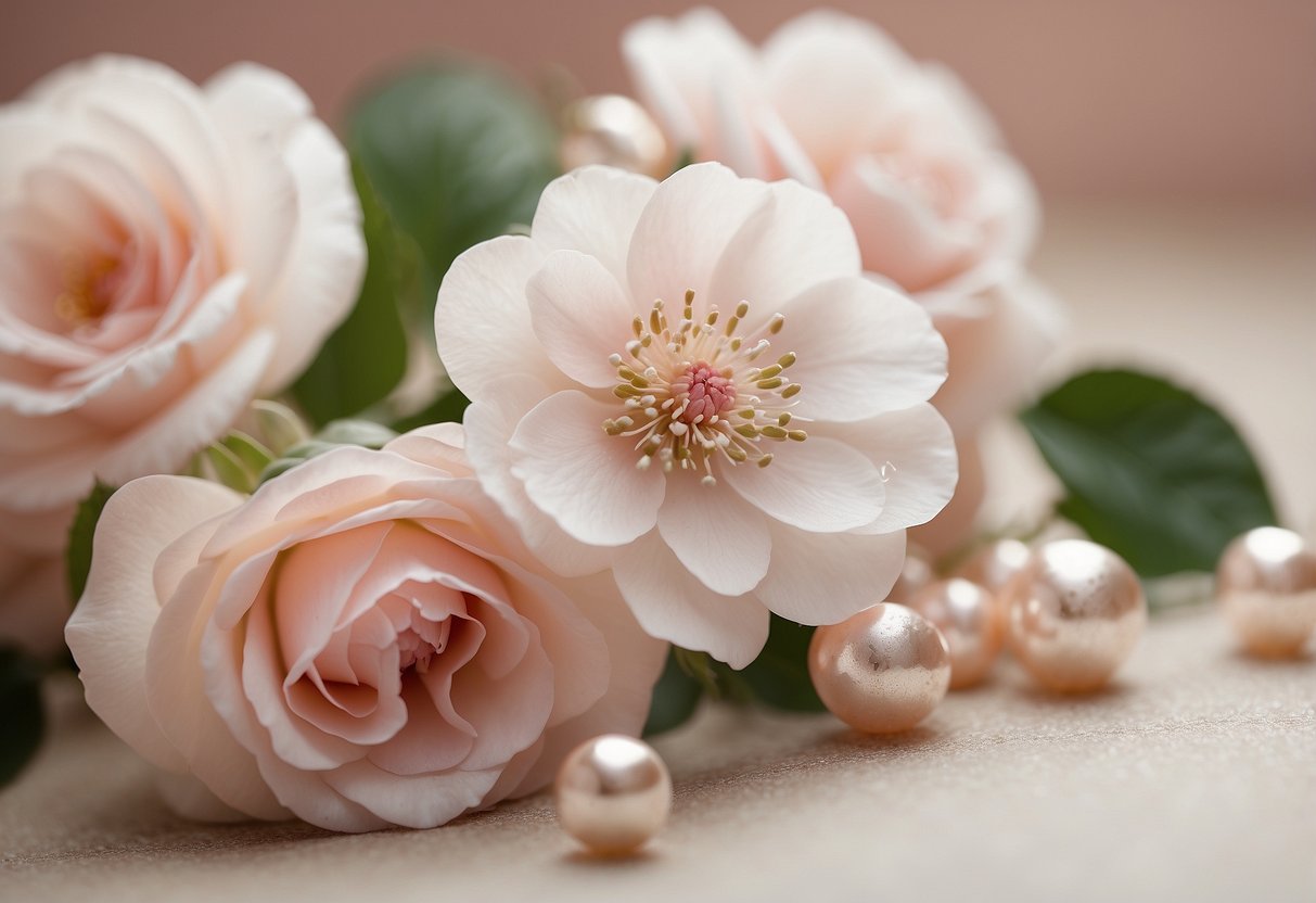 Soft pink blush white nails on a clean, elegant surface with delicate floral accents