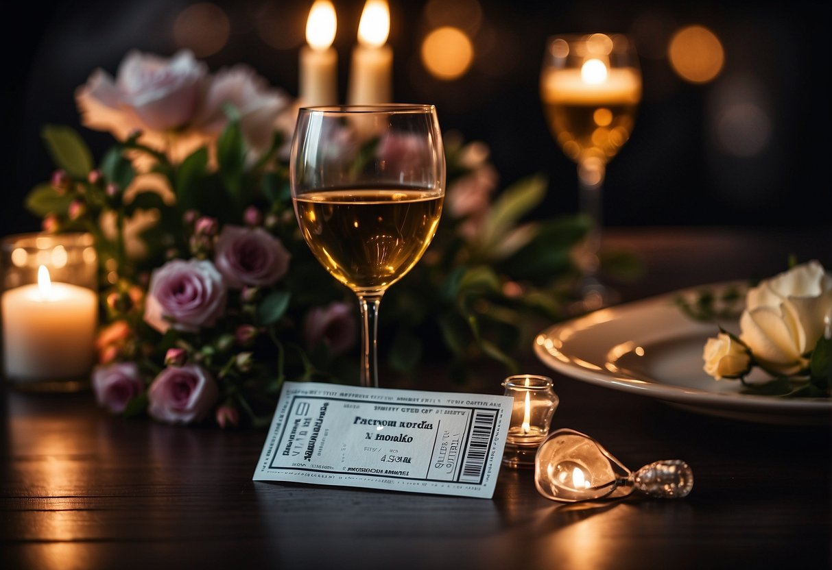 Two tickets to a concert lying on a table surrounded by a candlelit dinner setup, with a bottle of wine and a bouquet of flowers nearby