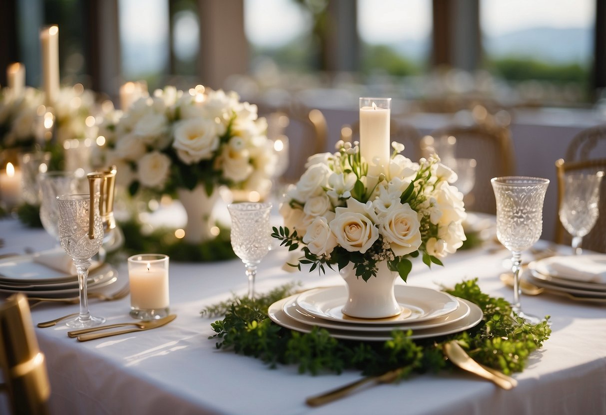 A table adorned with custom wedding favors, surrounded by elegant decor and flowers