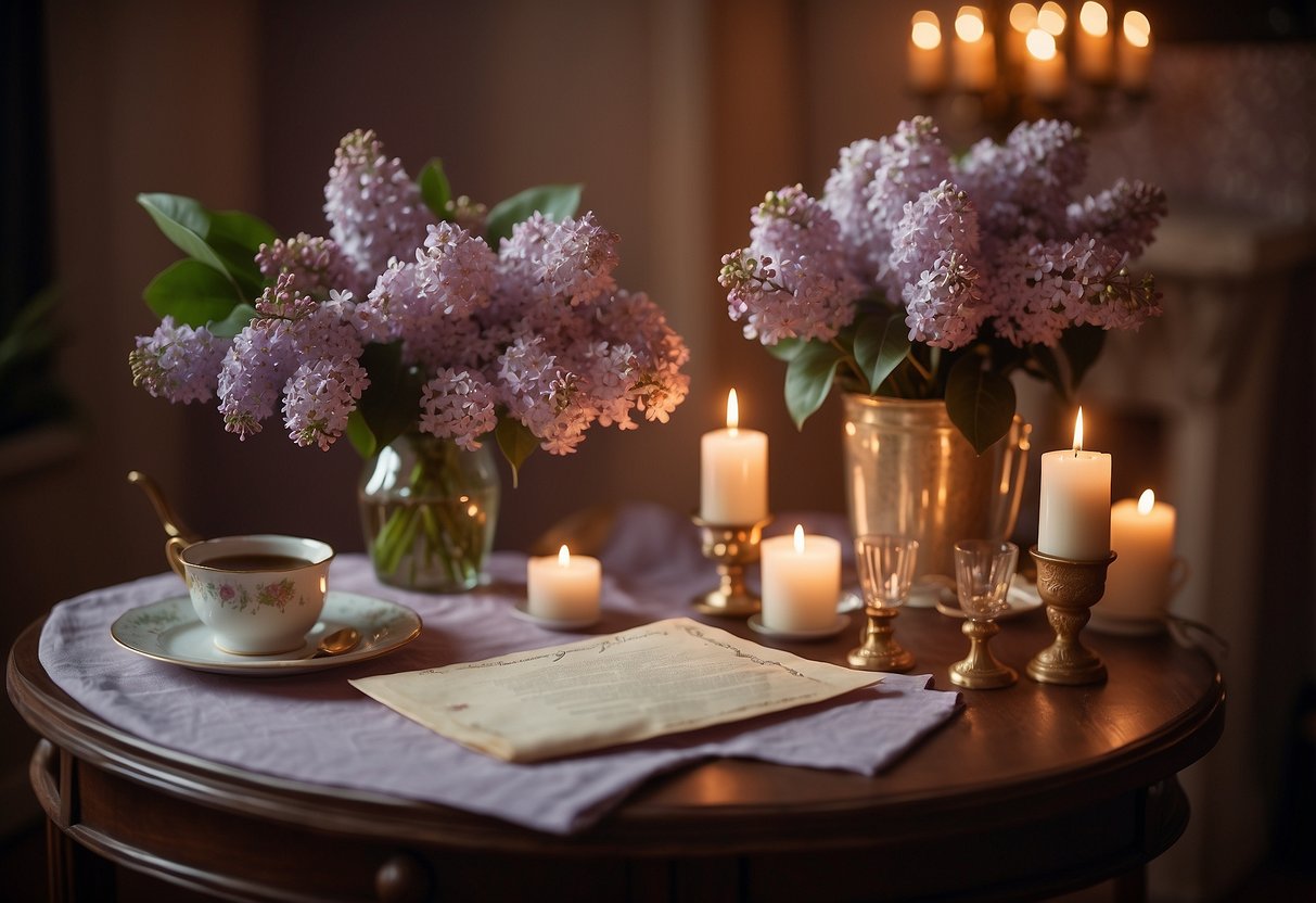 A table set for two with a bouquet of lilacs, a bronze sculpture, and a stack of love letters. The room is bathed in soft candlelight, creating a warm and intimate atmosphere