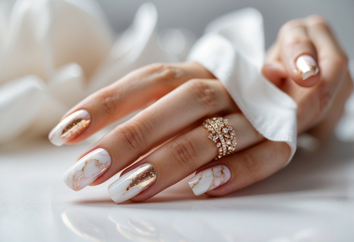 Delicate marble-patterned nails on a white background with soft lighting