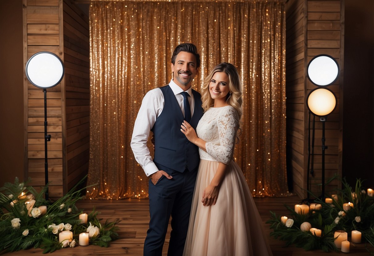 A couple stands in front of a decorated backdrop, smiling as they pose with props in an interactive photo booth set up at their home wedding