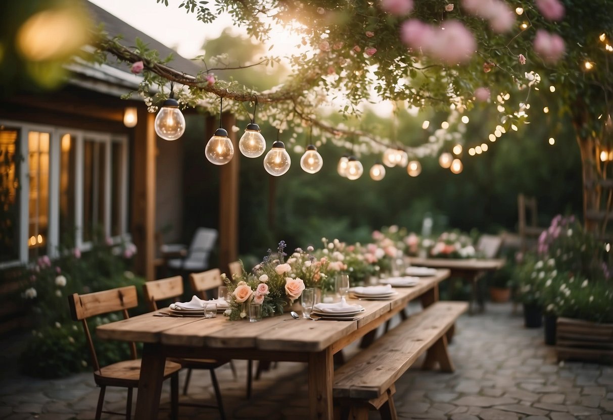 A backyard filled with blooming flowers, hanging fairy lights, and rustic wooden tables adorned with floral centerpieces. A cozy and romantic atmosphere with a touch of nature