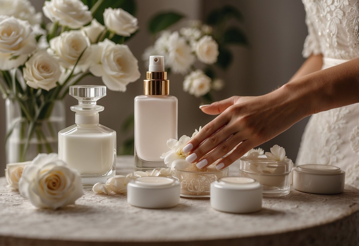 A hand reaches for a palette of white nail polish bottles, surrounded by delicate lace and floral accents