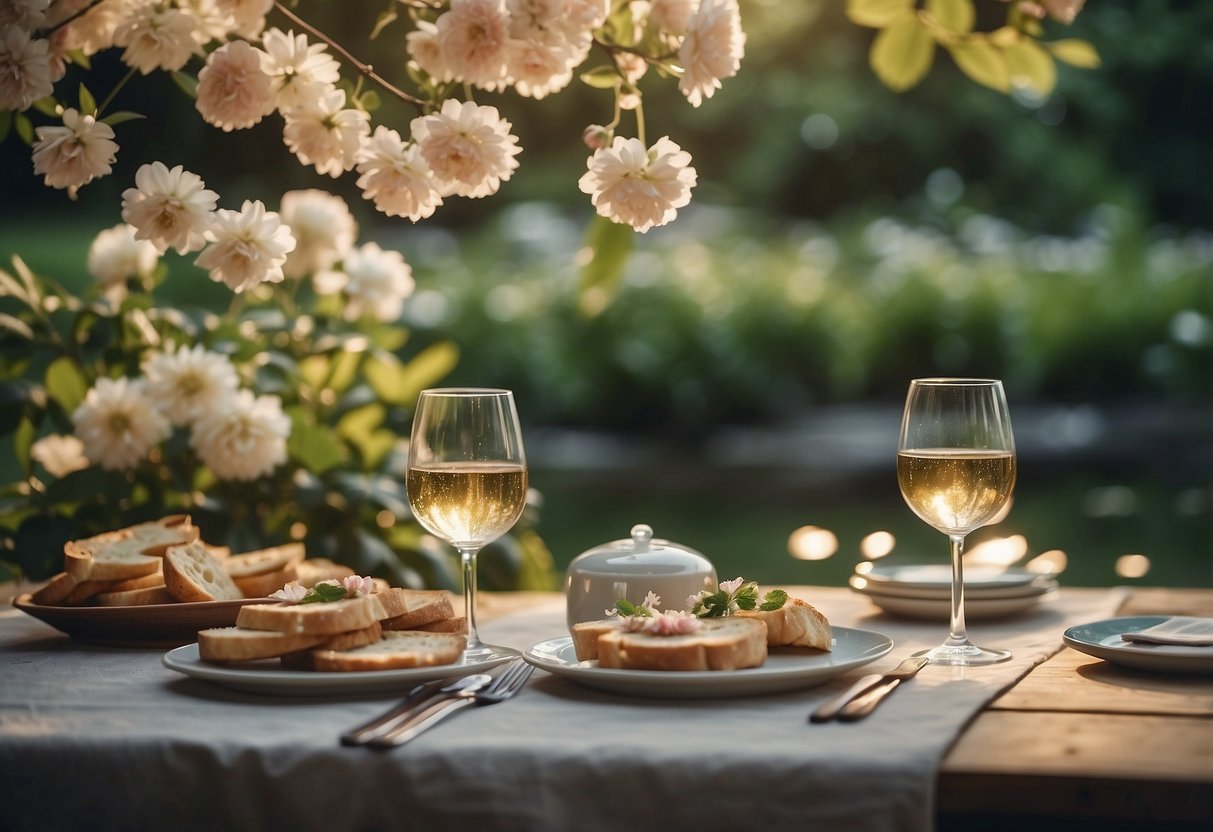 A romantic picnic in a lush garden with a table set for two, surrounded by blooming flowers and a serene pond