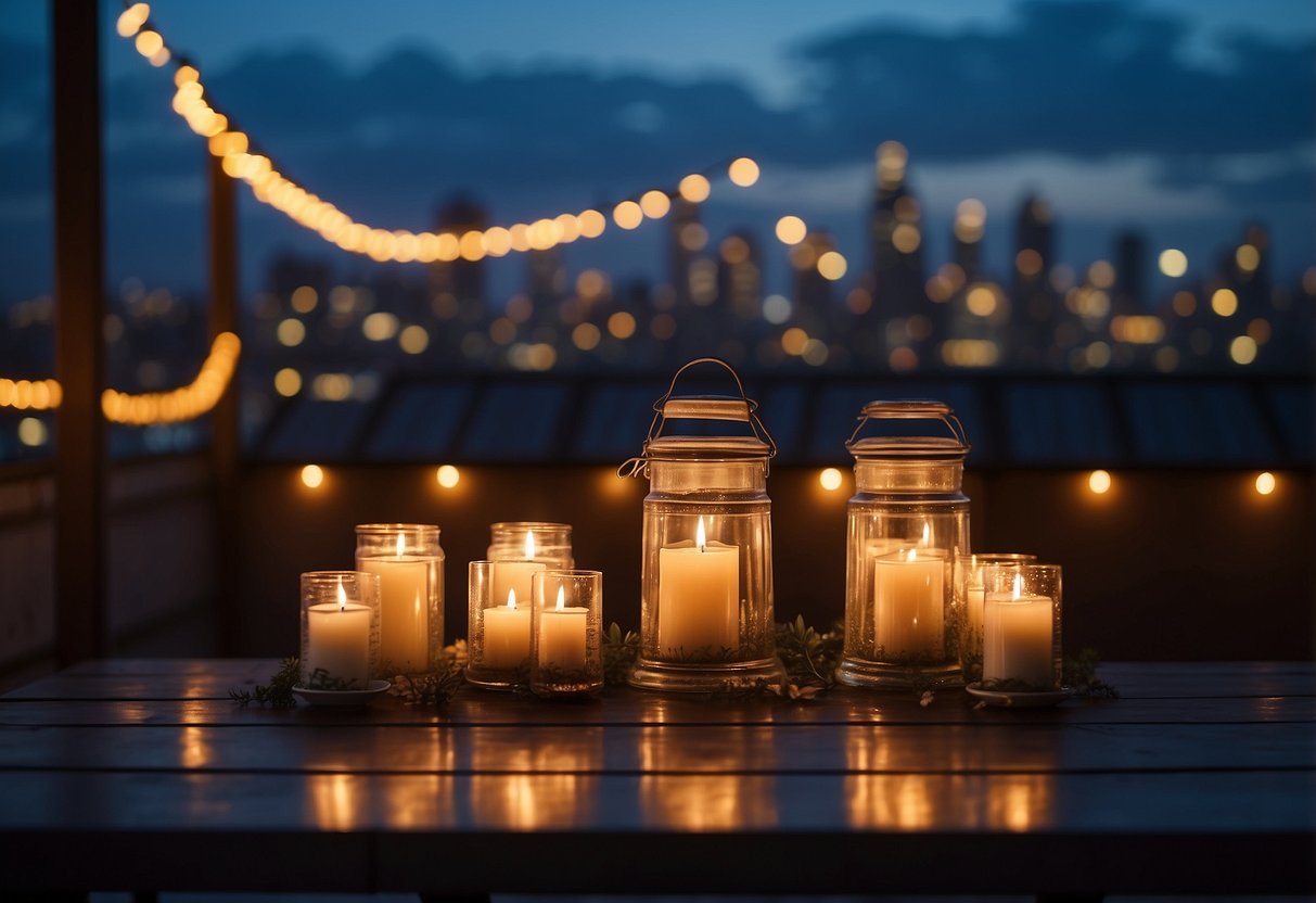 A candlelit table on a rooftop, overlooking a city skyline. The soft glow of fairy lights and a starry night sky create a romantic ambiance