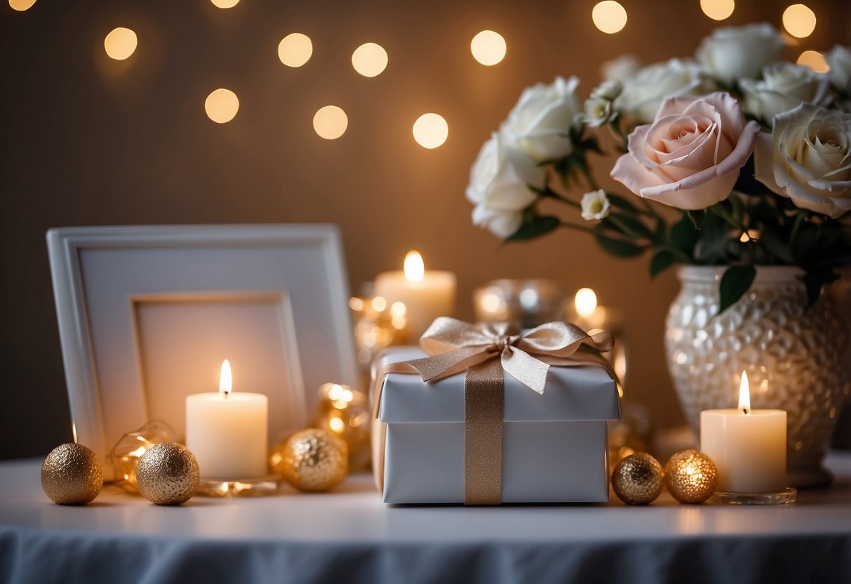 A table adorned with elegant gift boxes, photo frames, and personalized items. A backdrop of flowers and twinkling lights adds a touch of romance to the display