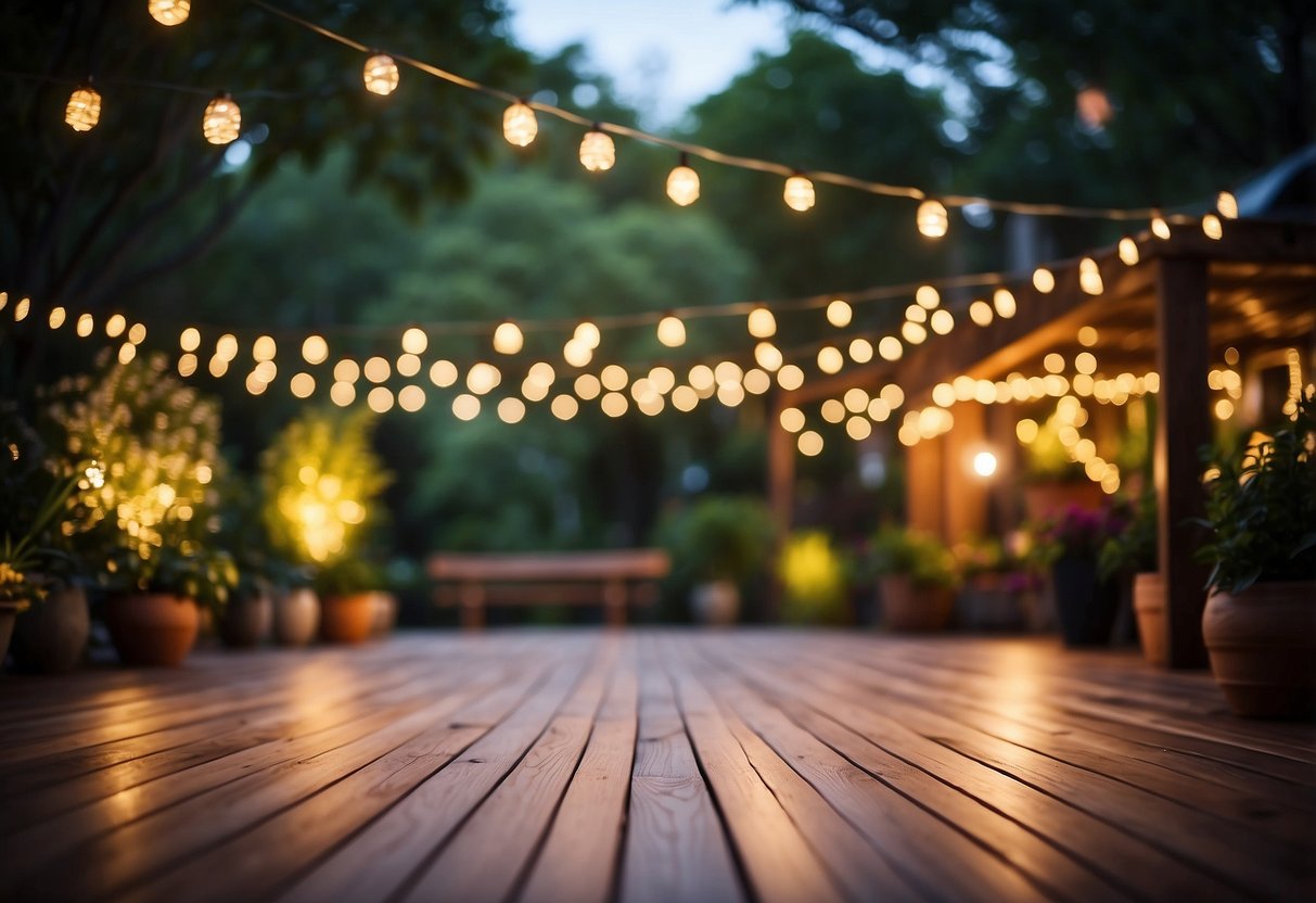 A wooden dance floor set up in a backyard garden, surrounded by twinkling string lights and colorful lanterns, with a backdrop of lush greenery and blooming flowers