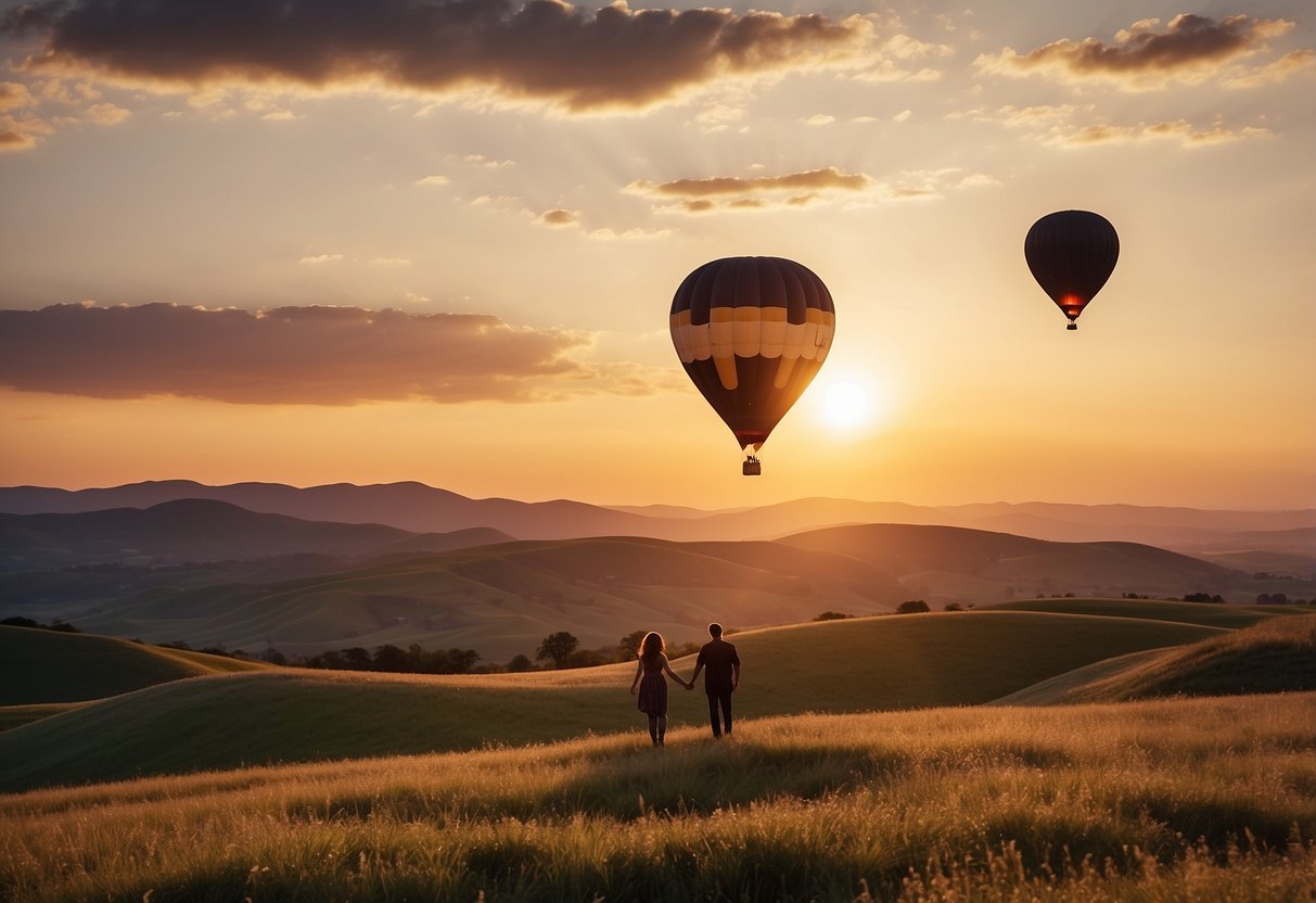 A hot air balloon floats over rolling hills at sunset. A couple holds hands, celebrating their wedding anniversary