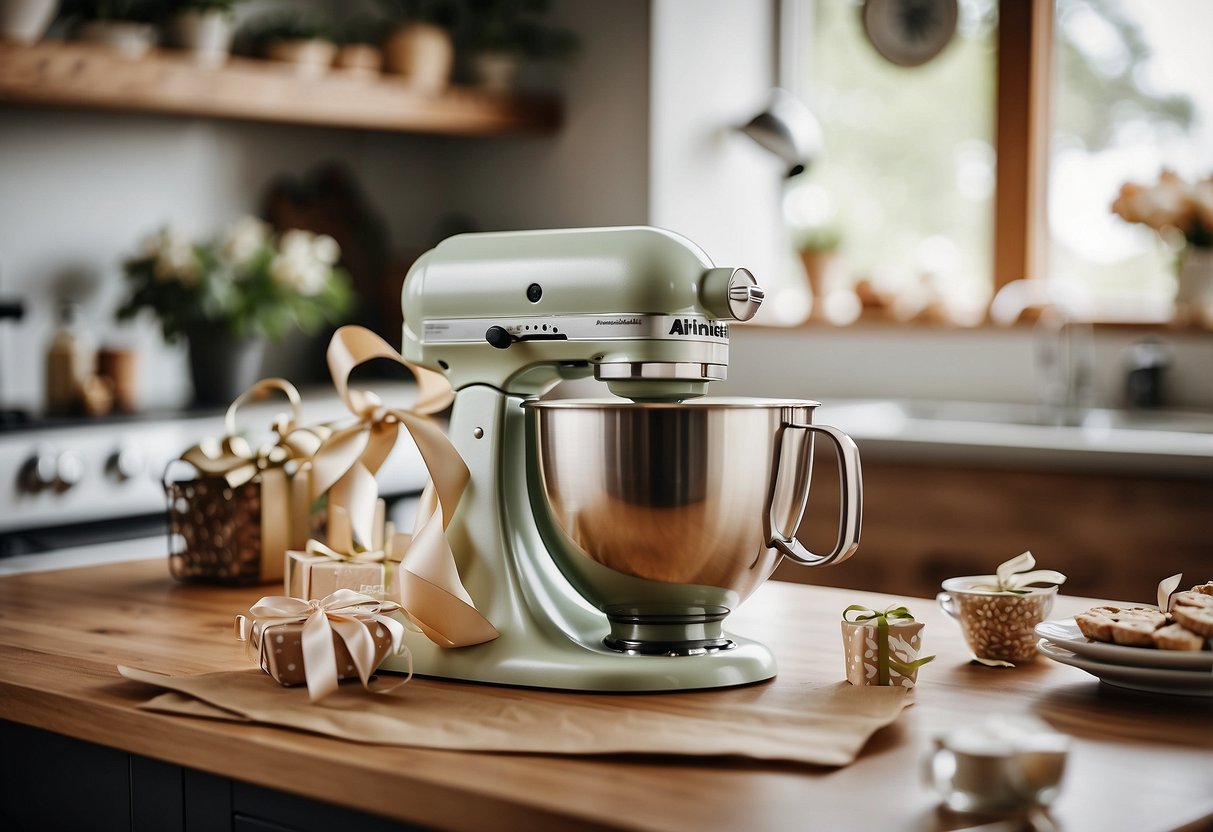 A KitchenAid Stand Mixer sits on a pristine kitchen counter, surrounded by wedding gift wrapping and a handwritten note of congratulations