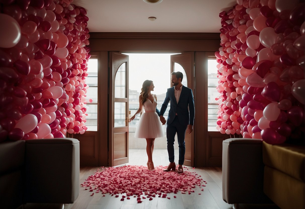 A couple opens the door to a hotel room, greeted by a bed adorned with rose petals and a bottle of champagne chilling on ice. Balloons and streamers decorate the space, creating a festive atmosphere for their surprise wedding anniversary staycation