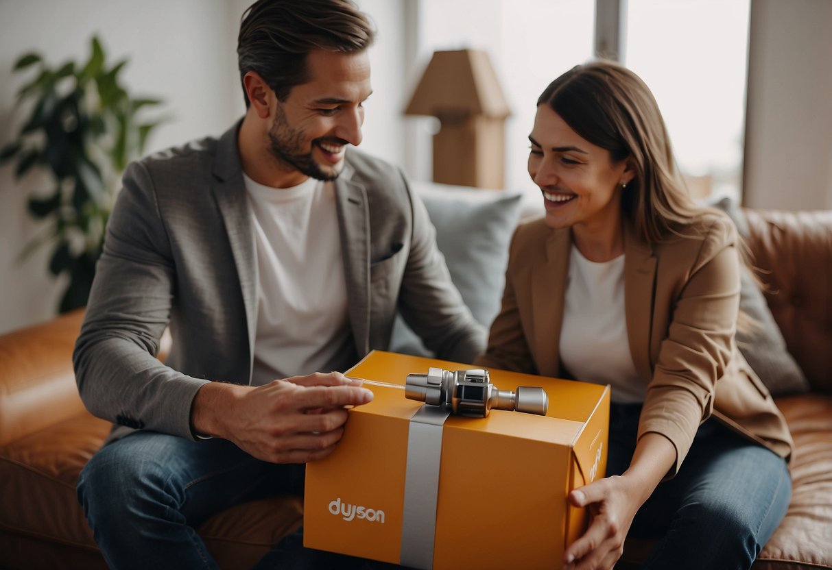 A newlywed couple opening a Dyson V11 Vacuum Cleaner gift box with excitement