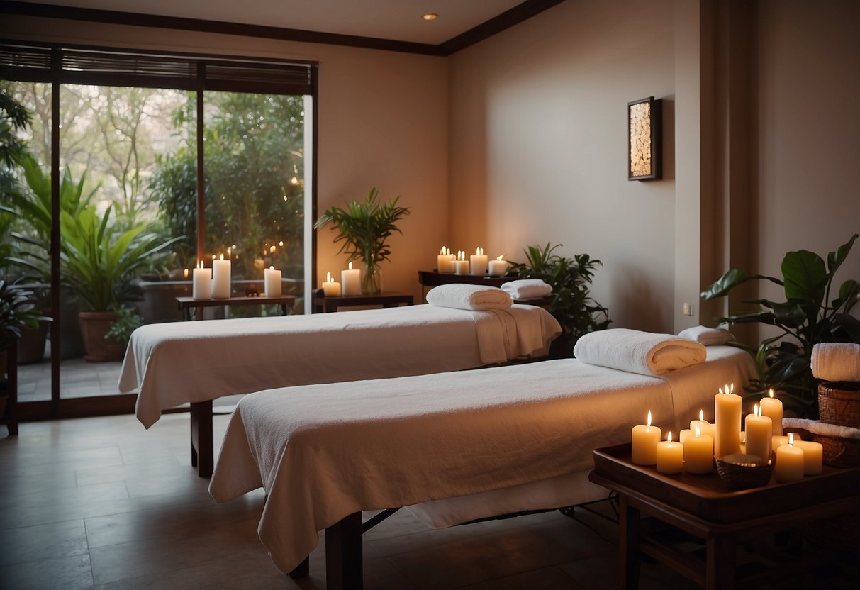 A serene spa room with two massage tables, soft lighting, and relaxing music. A couple enjoys side-by-side massages, surrounded by candles and aromatic oils