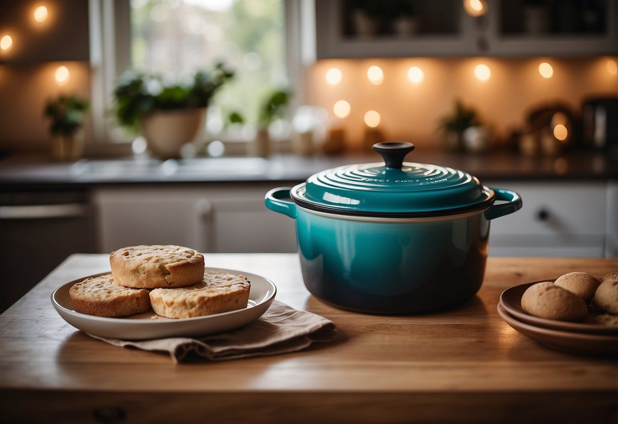 A Le Creuset Dutch Oven sits on a kitchen counter, surrounded by wedding gift wrapping and a card